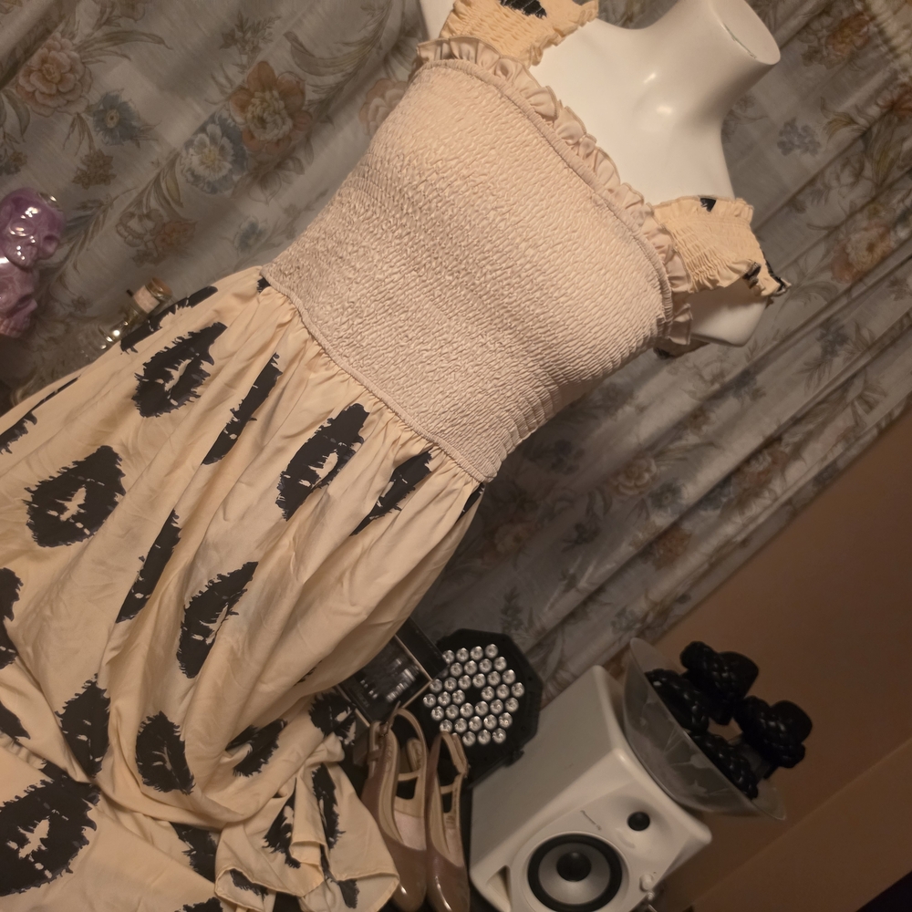 NWOT SHEIN Cream Smocked Sundress with Black Print